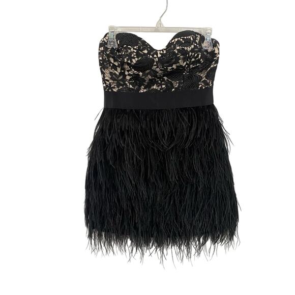 Bebe Isis Lace Feather Strapless Bustier Cocktail Black Mini Dress - Picture 1 of 9